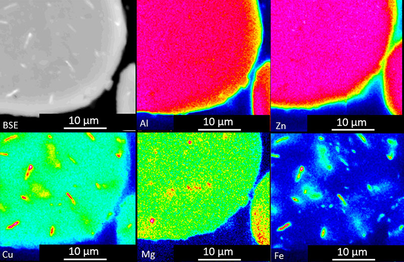 Fig. 8 EPMA-WDS map of a solution heat-treated AA7075 particle revealing a Al-Zn matrix and the presence of Cu- and Fe-rich phases