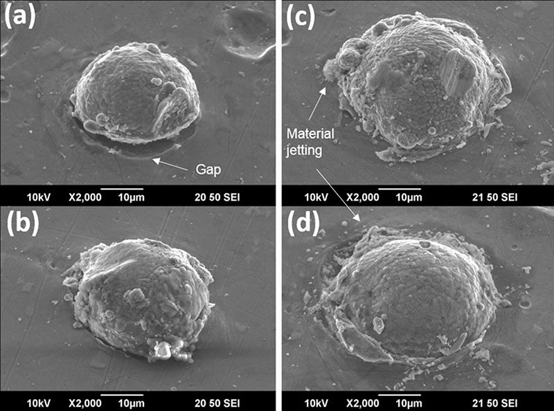 Fig. 10 SE picture of the top surface of individual asreceived (a-b)) and solution heat-treated (c-d) AA7075 particle after spraying revealing a better particle–substrate bonding in the case of the solution heat-treated powder