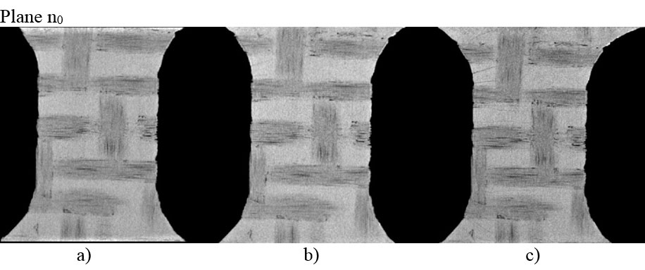 Figure 4. XCT images from three sub-surface planes; a) prior to loading