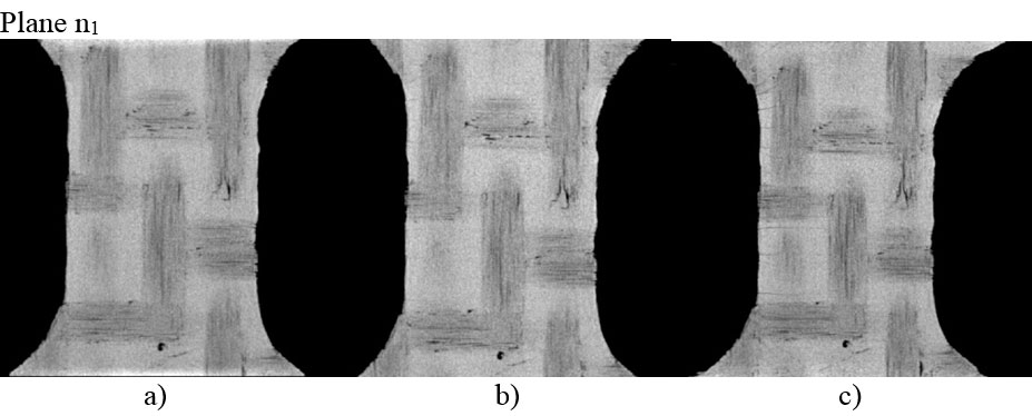 Figure 4. XCT images from three sub-surface planes; b) under 50% Pmax,