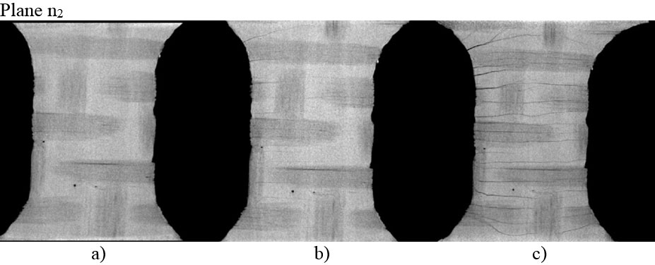 Figure 4. XCT images from three sub-surface planes; c) under Pmax