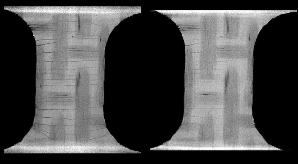 Figure 5. Crack network imaged under Pmax (left) and after unloading (right).