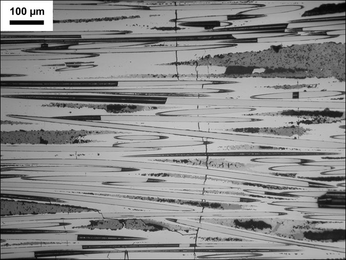 Figure 7. Typical high magnification imaging of crack/fibre interactions in a CMC achieved via destructive sectioning and scanning electron microscopy