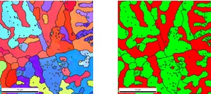 Electron backscattered diffraction (EBSD) (i) crystallographic orientation mapping (ii) phase distribution mapping showing Fe3C7 in green and Austenitic steel in red