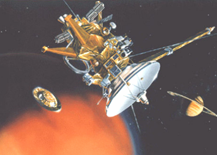 Cassini probe with Huygens module descending to Titan.