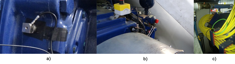 Figure 3 Transducers used: a) Accelerometer installed on the gearbox; b) AE sensor installed on the high-speed shaft; c) Current clamp to monitor the generator.