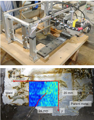 Prototype scanner designed for inspecting field exposed component in-situ (top) and superimposition of scan data over area ahead of a crack-top with creep damage 