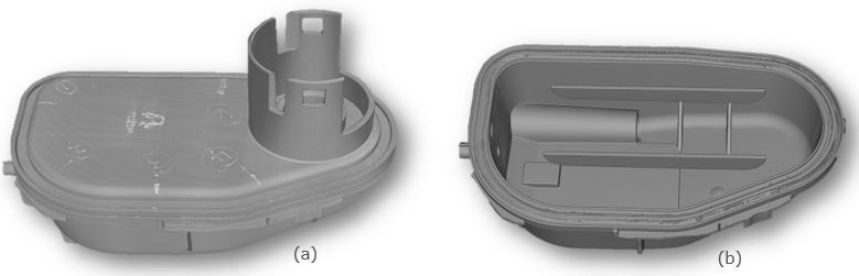 Figure 3. CT images of a welded vapour separator: a) complete component with the six critical locations; b) a slice through the part exposing the weld interface and weld-flash