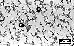 Alpha ferrite (F) and pearlite (P) (TWI photo no.0709)