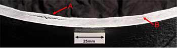 Fig. 1. Magnetic particle inspection of the pipeline sample examined by TWI, showing internal blistering (A) and hydrogen induced cracking (B)