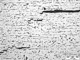 Fig. 2. Hydrogen induced cracking viewed under optical microscopy. The image shows a microstructure containing a significant number of laminar inclusions which act as nucleation sites for HIC. Distortion of the microstructure caused by the cracking can be seen, along with step-wise crack growth, which is characteristic of HIC