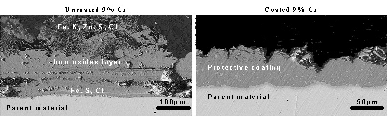 SEM micrograph showing the corroded layer of test specimens made from 9%Cr steel. 