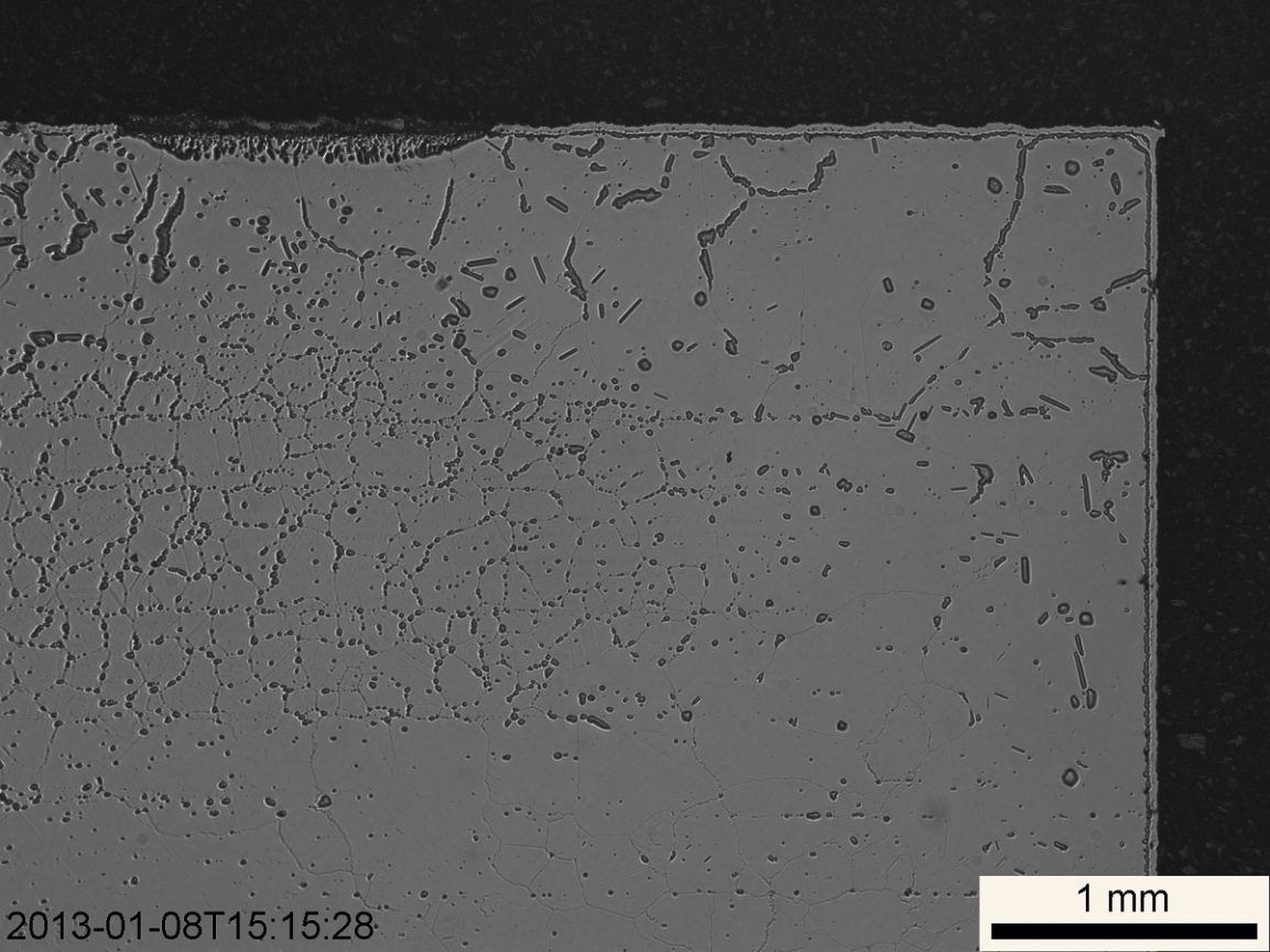 Extensive and heavy carburisation of Alloy 601 due to a small flaw in the diffusion coating.