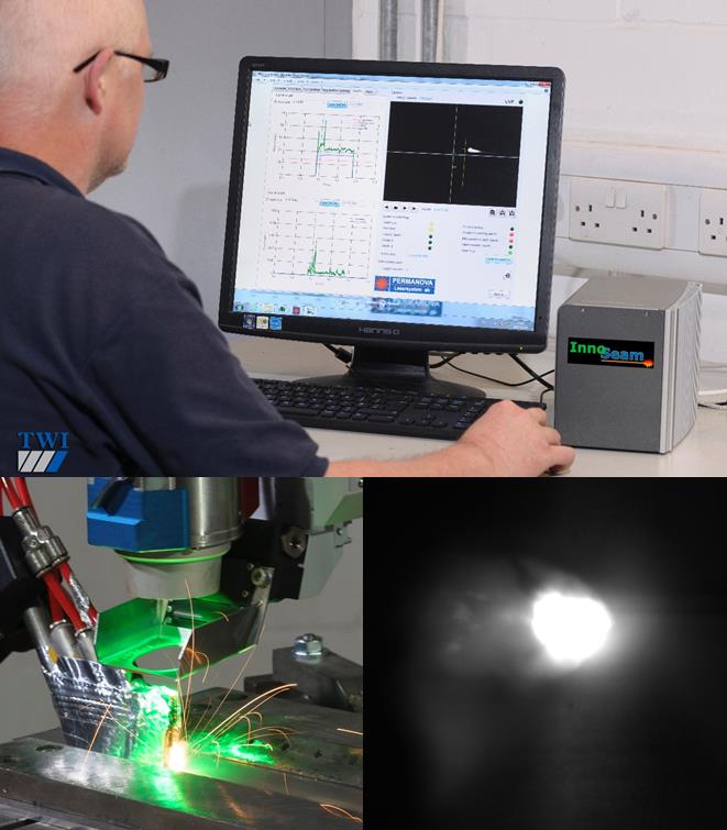 InnoSeam HMI (top), welding head during use (bottom left) and an example of real-time process zone imaging (bottom right)