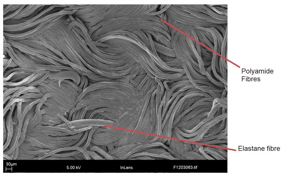 Fig 3 SEM image of a melted spot of fabric.
