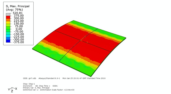 Figure 13 Predicted maximum principal stress field in model of strips arrangement for 3mm thick aluminium - Bottom face showing high stress in alumina