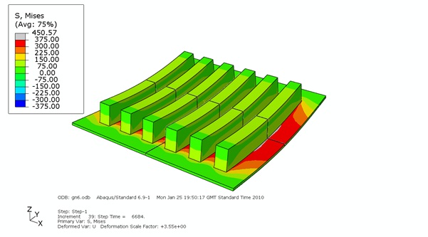 Figure 14 Predicted maximum principal stress field in model of strips arrangement for 6mm thick aluminium - Top face showing high stress peaks around edges of joint