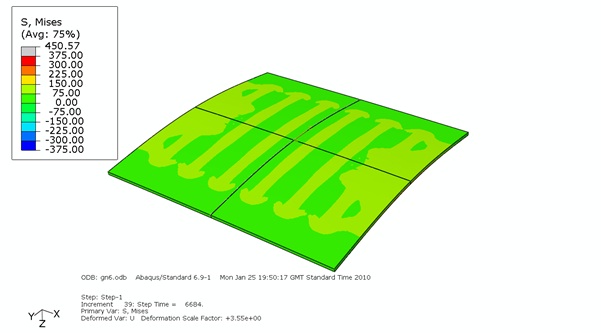 Figure 14 Predicted maximum principal stress field in model of strips arrangement for 6mm thick aluminium - Bottom face showing relatively low stress levels in alumina