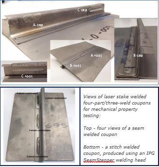 Views of laser stake welded four-part/three-weld coupons for mechanical property testing