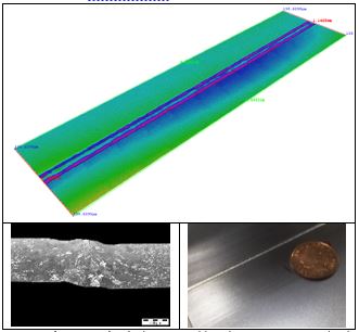 Thin section butt welding - Laser surface scan (top) showing weld undercuts <50µm in depth, metallographic cross-section (bottom left) and photograph (bottom right) of small scale thin section butt weld, before dressing
