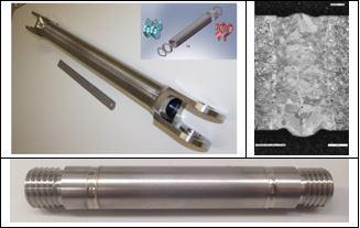 Thick section butt welded Ti/MMC strut demonstrator - Strut demonstrator assembly (top left), laser butt weld in 6mm wall thickness strut (top right) and laser butt welded and dressed 4mm wall thickness precursor for mechanical property testing
