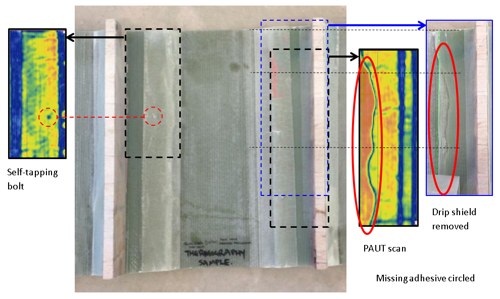 Figure 5 – PAUT scan along shear web bond lines on thermography sample with missing adhesive visible in forward shear web