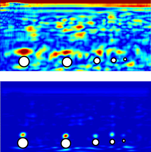 Inspection of side-drilled holes at 80mm depth in a high-manganese steel railway crossing sample using conventional ultrasonic testing (top) and SAFT (bottom) 