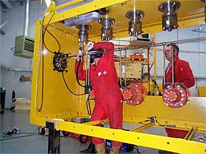 A Deepstar Subsea welder completes a weld in stainless steel pipework for deep sea operation. The company made some 300 similar welds for this contract, all meeting the highest quality standards