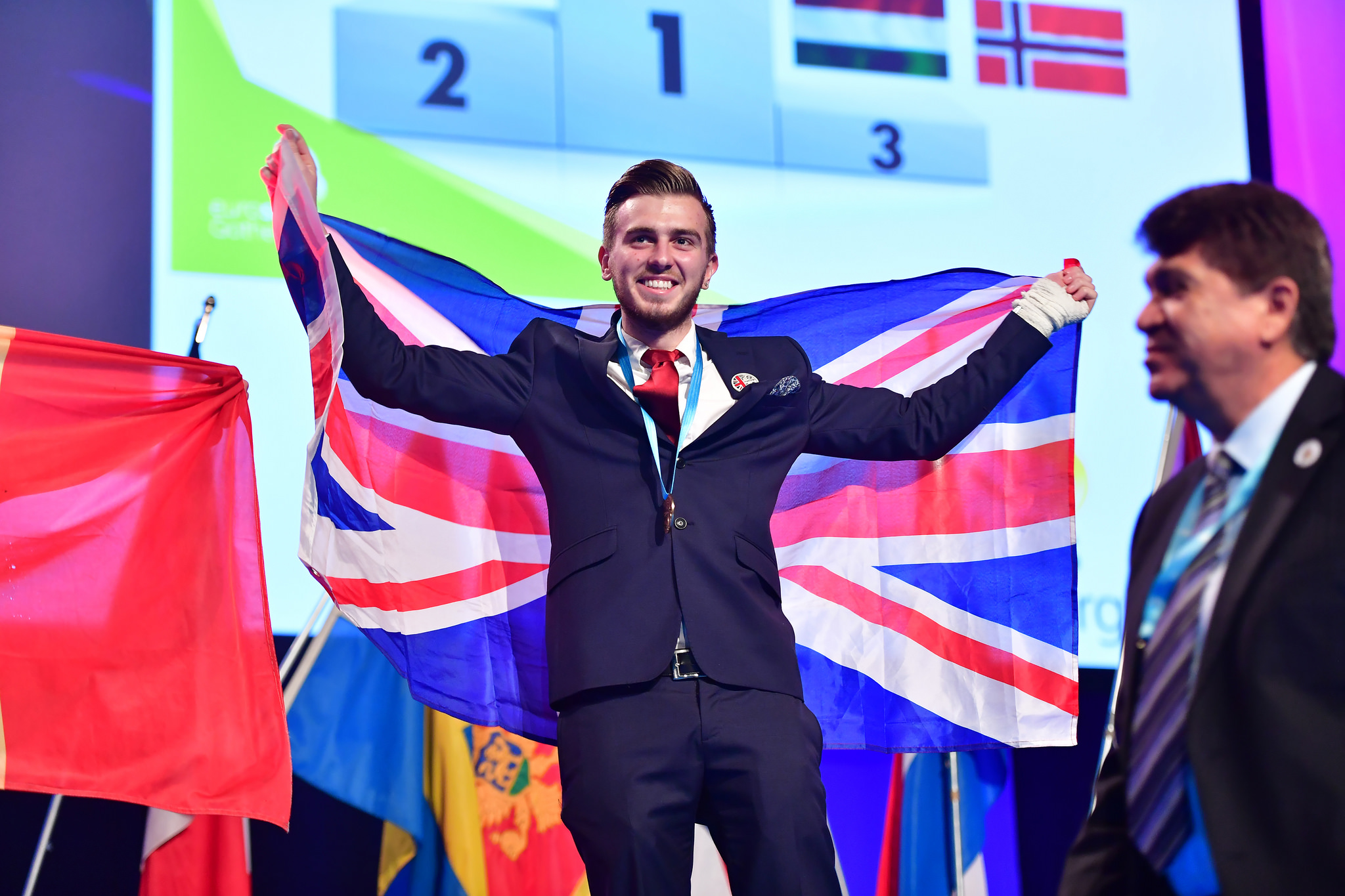 Josh Peek celebrates winning his gold medal at the EuroSkills finals