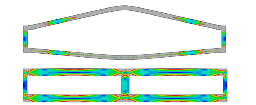Figure 1a (top): Original helium channel design. Figure 1b (bottom): Re-designed channel. Grey material has yielded. 