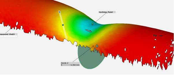 DIC analysis showing the out-of-plane displacement map and cross-sectional area mapping