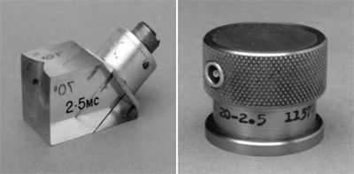 Fig 3. A 2.5MHz 70 degrees shear wave probe and a compression wave probe.