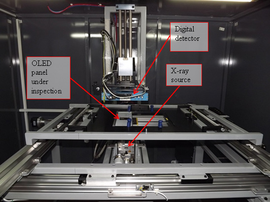 PlastronicsSpec system showing the X-ray source, digital detector and the OLED panel from OTS (consortium partner-SME)