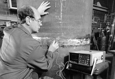 A trial weld being inspected for evidence of hydrogen cracking