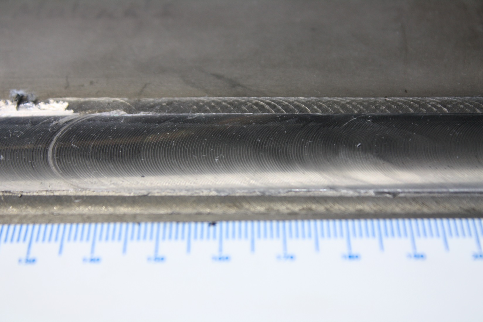 Detail of the surface of friction stir welded MA956 showing a smooth, high-quality butt weld