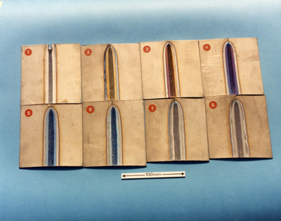 TIG welds in commercially pure titanium sheet made with successively greater air contamination of the shielding