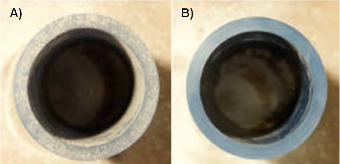 Fig. 12 Examples of talc contamination levels: a) heavy and b) light