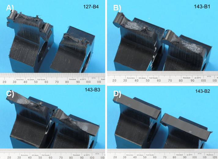 Fig. 19 Failure modes for high speed tensile impact test: a) in parent pipe, b) ductile, c) mixed and d) brittle